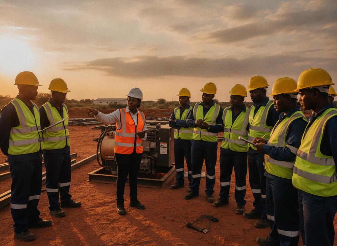 Safety training session with workers in hard hats and hi-vis vests